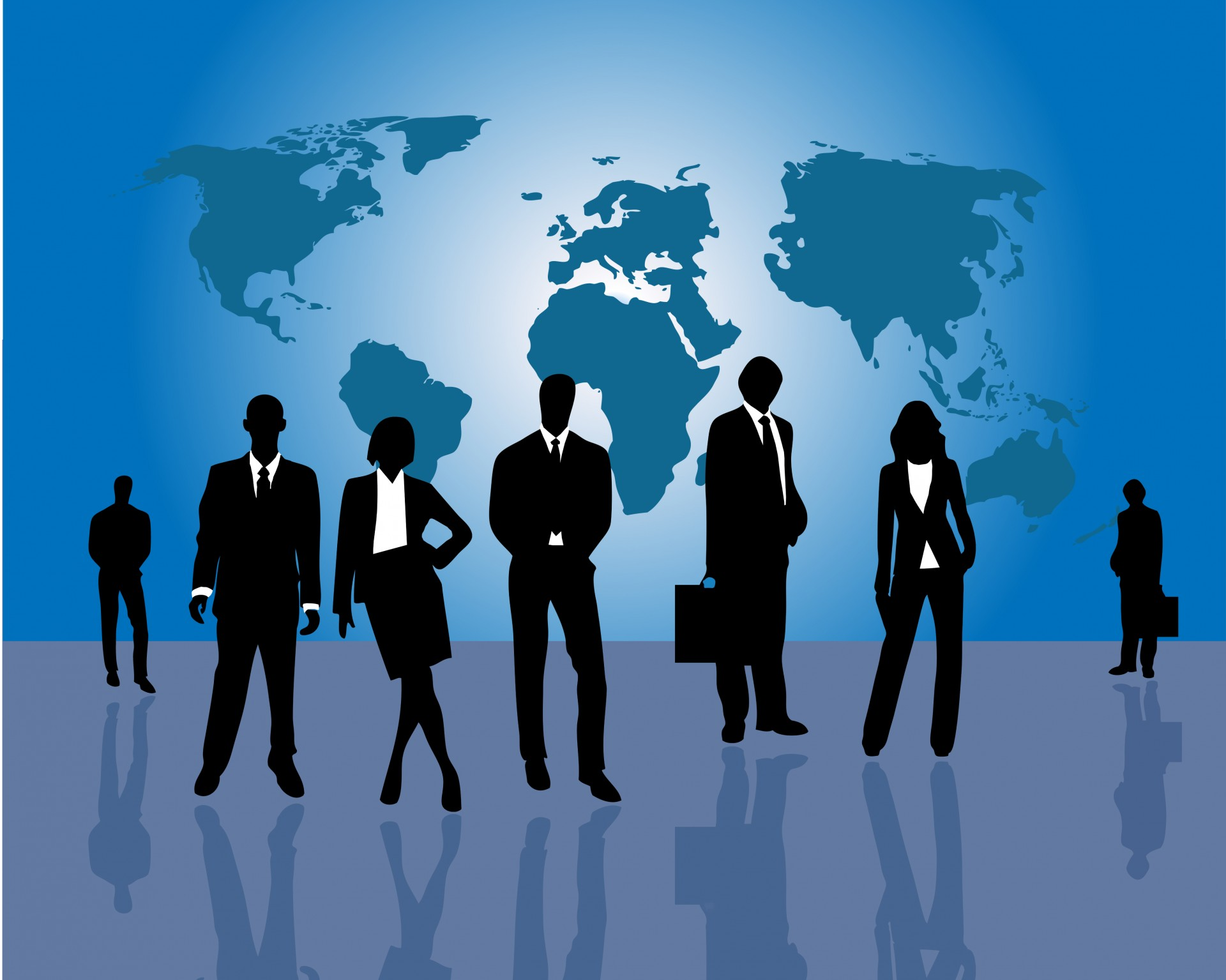 silhouettes of men and women in business attire on a world map background