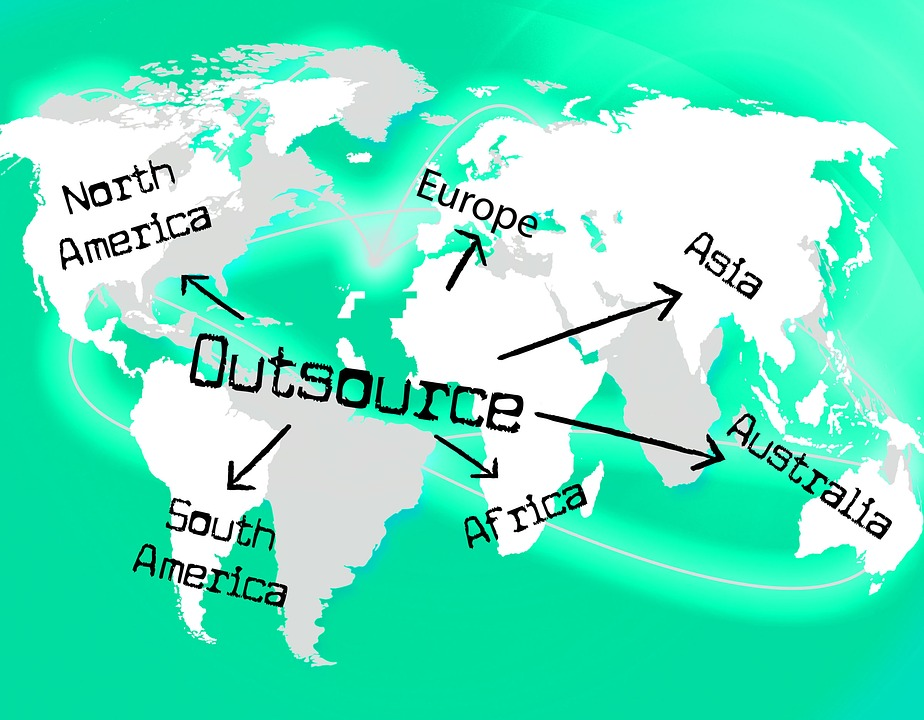 Le mot Externaliser au milieu avec des flèches pointant vers différentes régions : Amérique du Nord, Europe, Asie, Australie, Afrique et Amérique du Sud