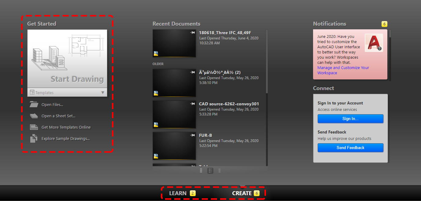 Esta imagen muestra la primera página de bienvenida de AutoCAD. Se resalta la sección de inicio. Una vez que haces clic en apoyarte en la parte inferior de la pantalla, la interfaz cambia a tutoriales.