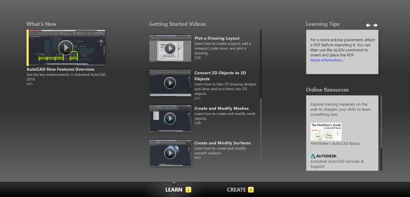 This chaptered image shows the learning page on the welcome page. You can find tutorials that Autodesk provided.