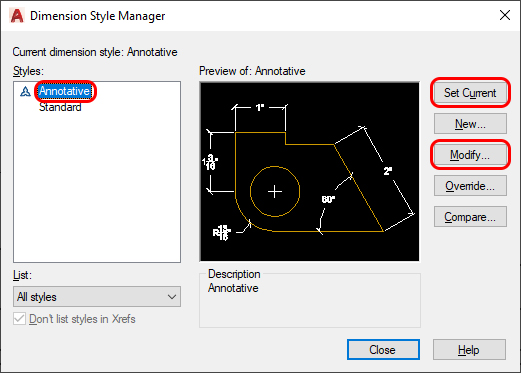 This image show how to change the dimension style manager, click annotation, click Set current, and click Modify