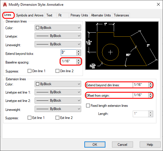 This image shows what to modify Dimension style Annotative from Lines tab