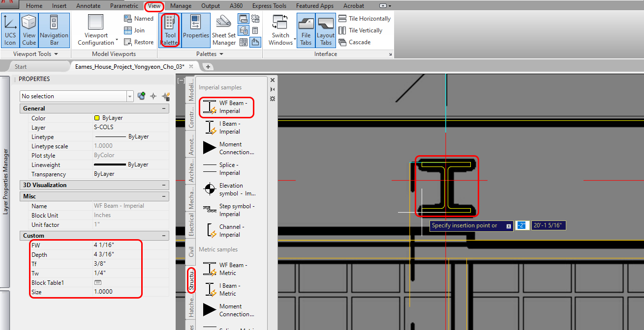 This image demonstrates how to use the tool palette and place the column with the template.