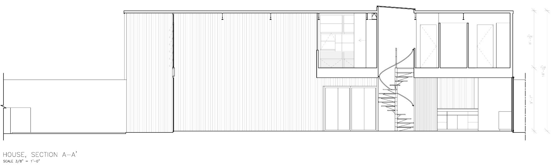 Esta imagen muestra Casa Eames, Casa, Sección A-A' proporcionada por Eames House dibujo como construido, dominio público