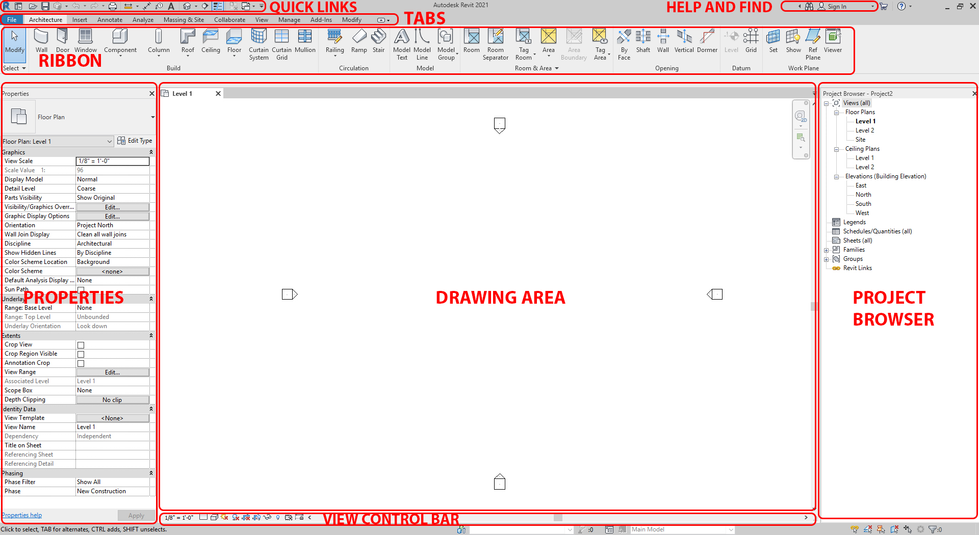 Esta imagen muestra la interfaz de usuario de Revit con el nombre de cada panel.