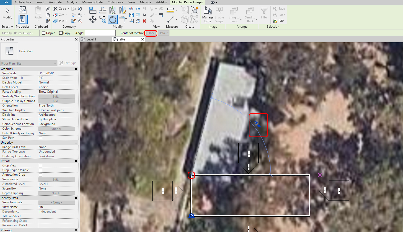 This image indicates how to rotate the google maps to match the building footprint.