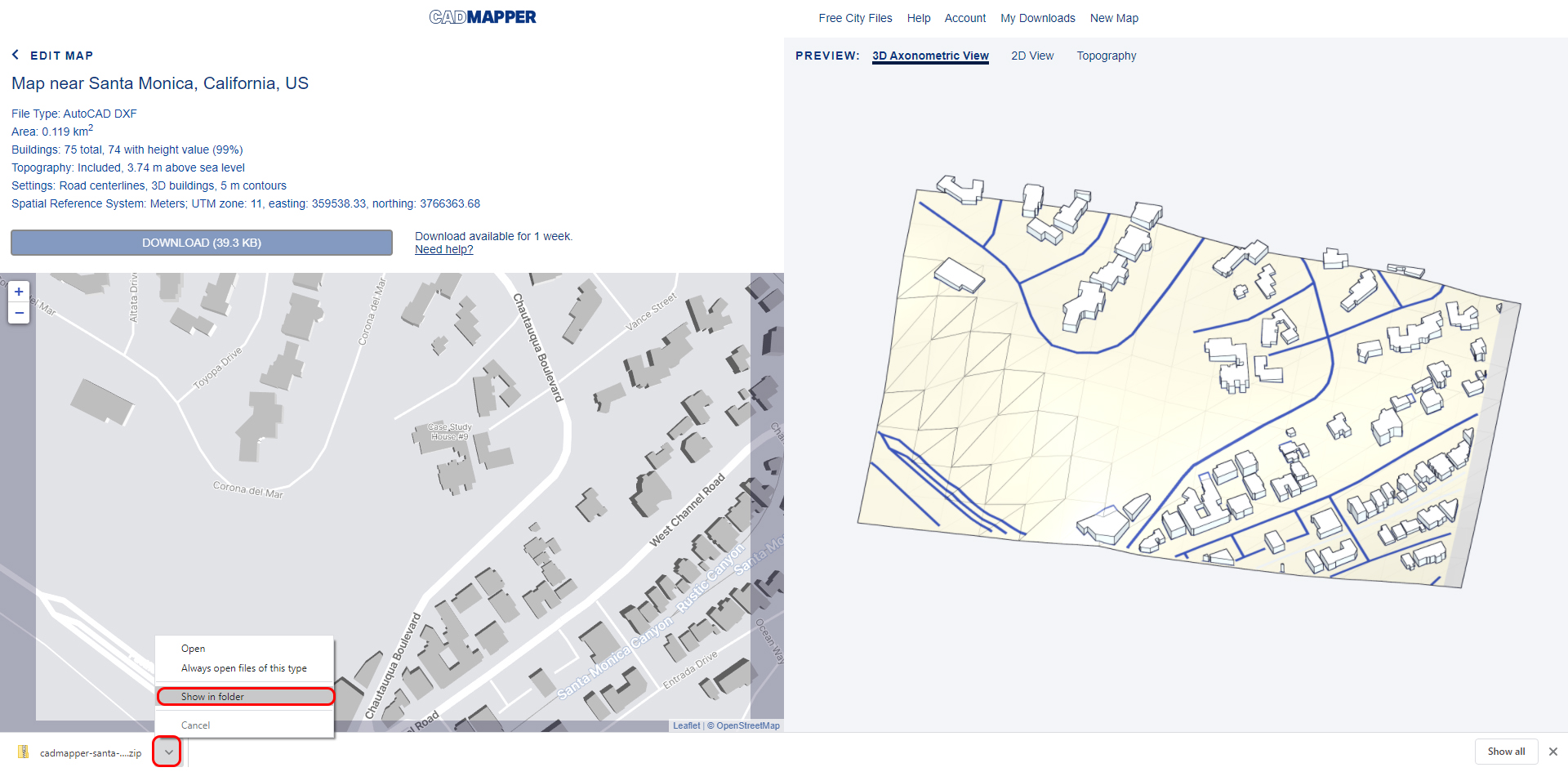 This image shows the CAD mapper website for the Eames house project and how to open the downloaded folder.