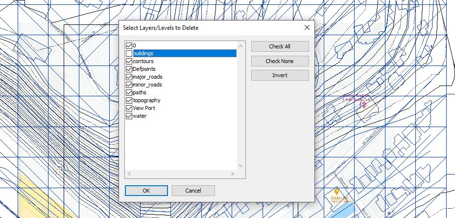 Esta imagen indica cómo eliminar los elementos no utilizados del mapa CAD importado.