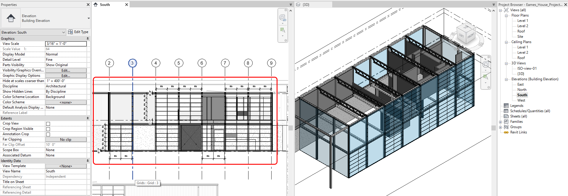 This image shows the resulting image after creating curtainwall grids.