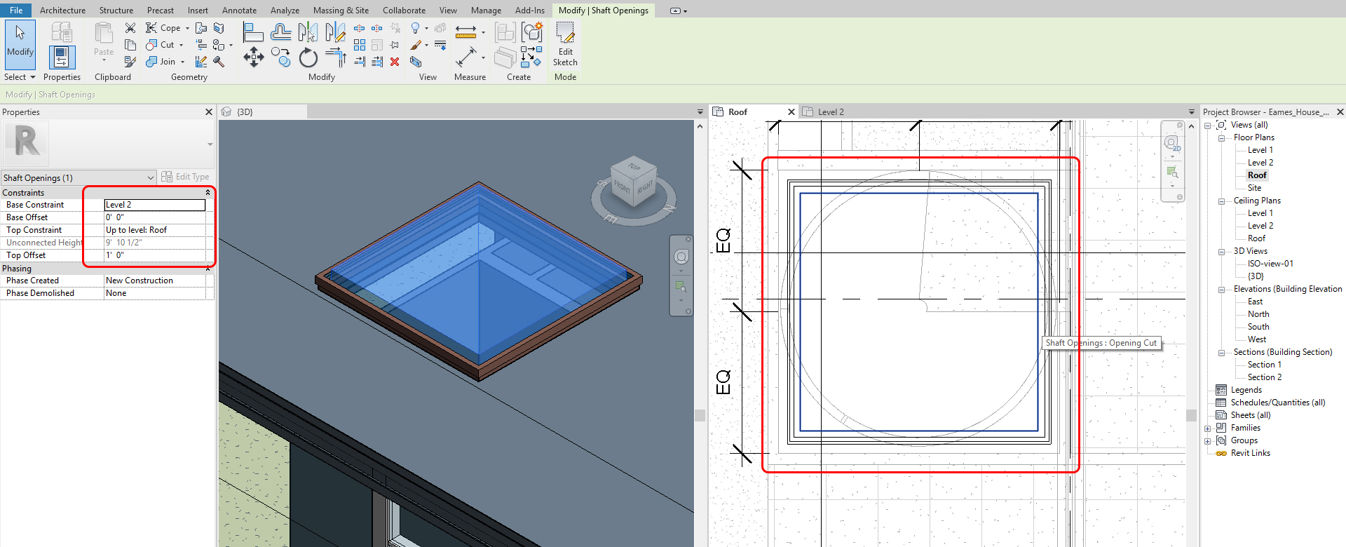 This image shows the resulting image after using the shaft tool for a skylight.