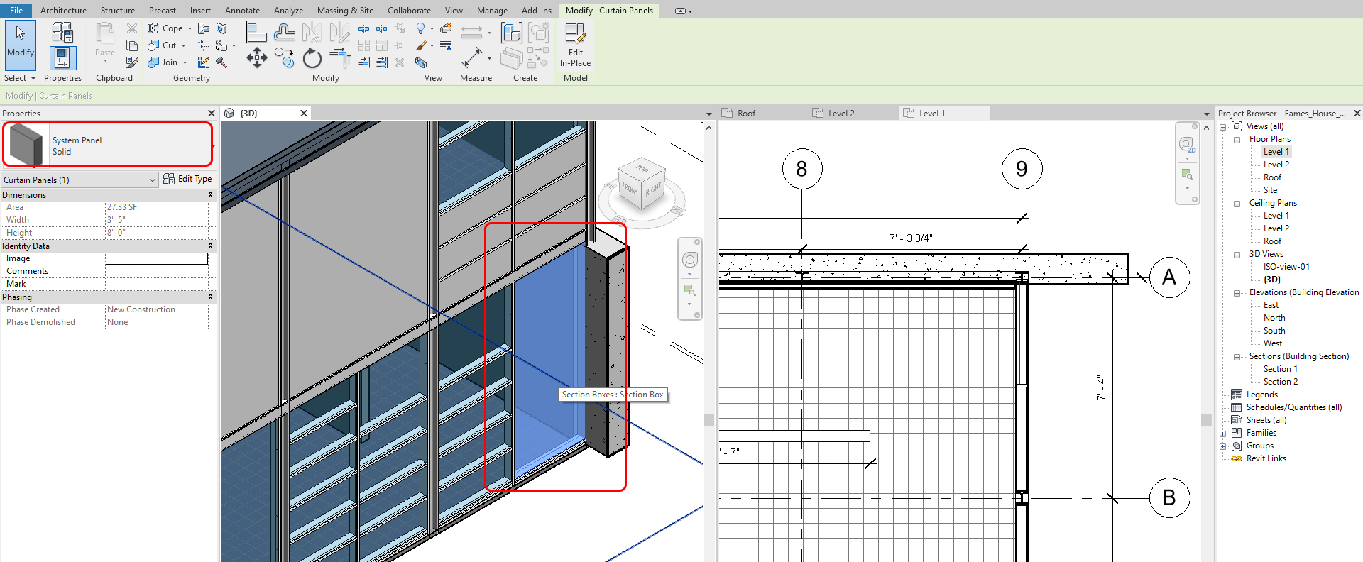 This image indicates how to select a door panel on the curtain wall.