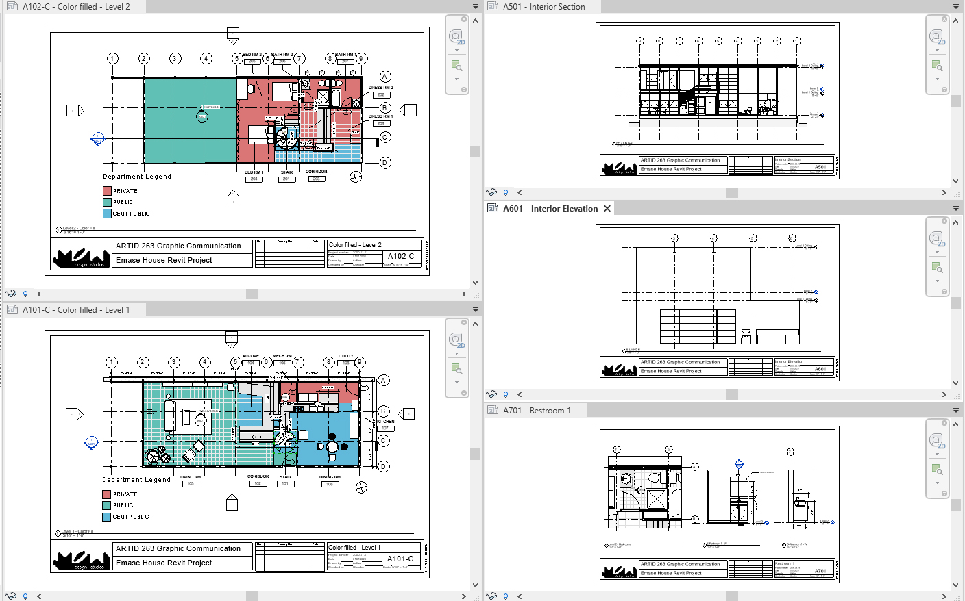 This image shows the session highlight presenting color-coded plans, elevations, and a section. This is the expected result at the end of this lecture.