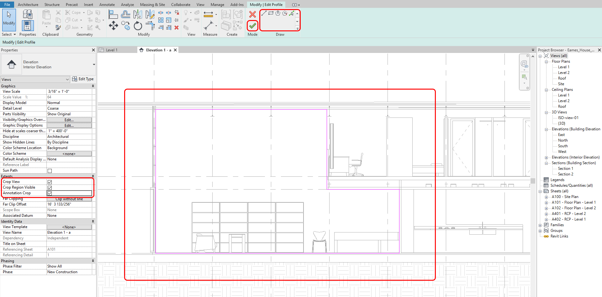 This image indicates how to adjust elevation boundaries by using sketch lines.