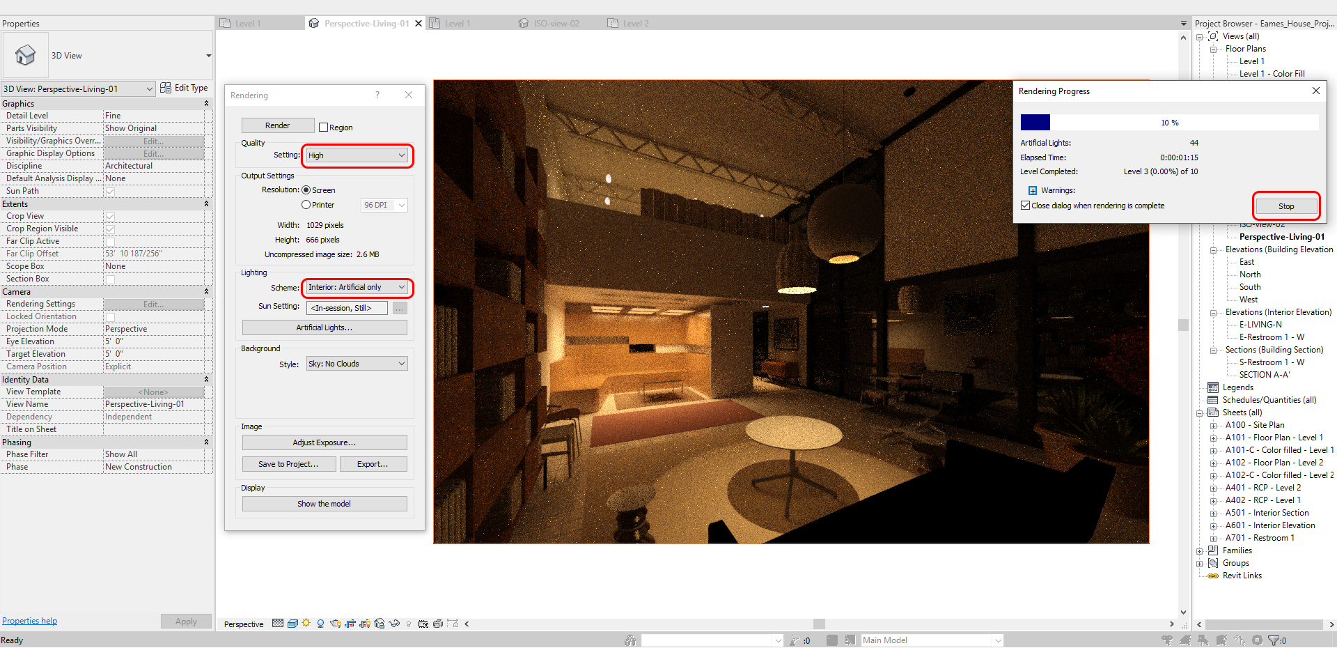 This image indicates how to set a test render for artificial lighting.
