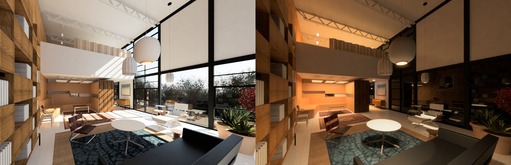 This image shows the session highlight presenting the Revit cloud final render views of the Eames house living area daytime and night time. This is the expected result at the end of this lecture.