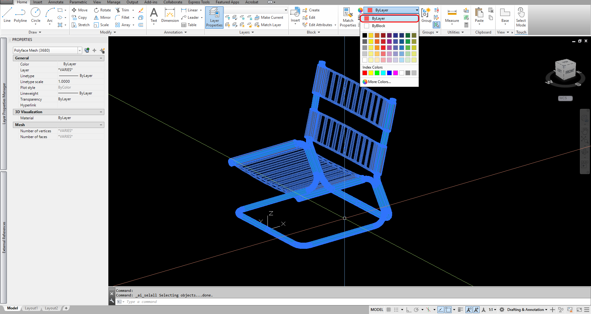 This image indicates how to change cad model color by layer.