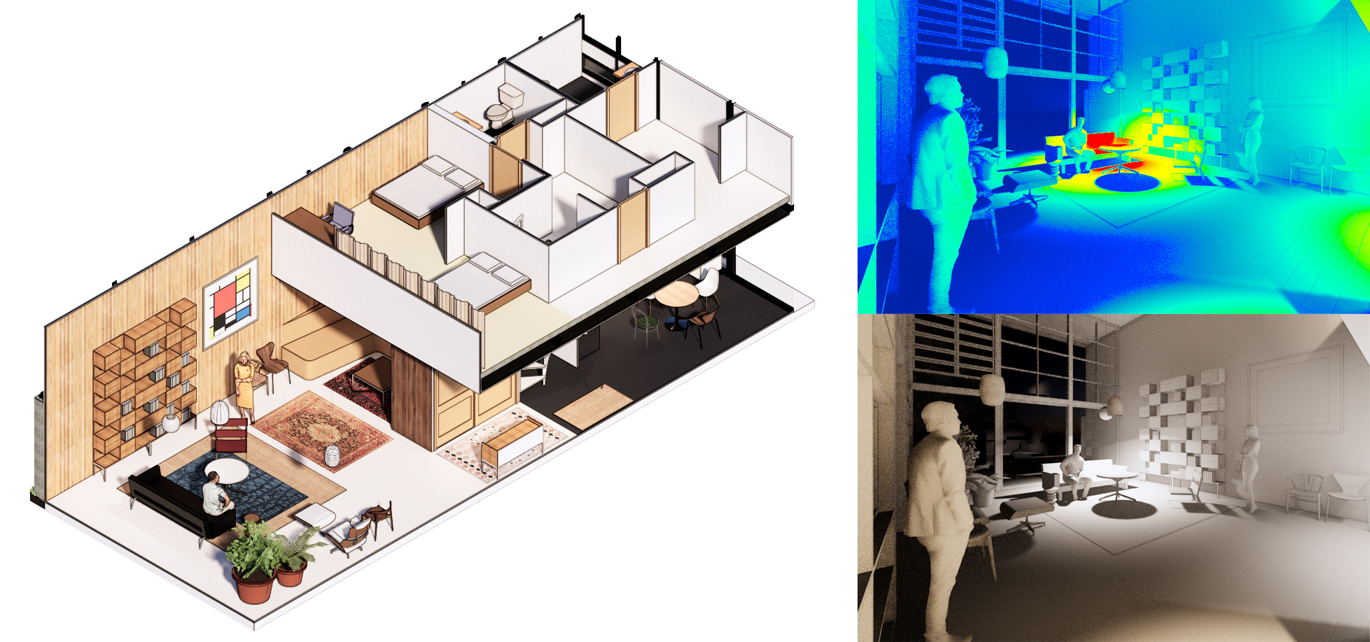 This image shows the session highlight presenting the rendered isometric view, a white model, and a light analysis render. This is the expected result at the end of this lecture.