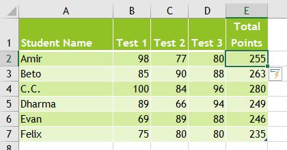 Puntuaciones de las pruebas de Excel Paso 7