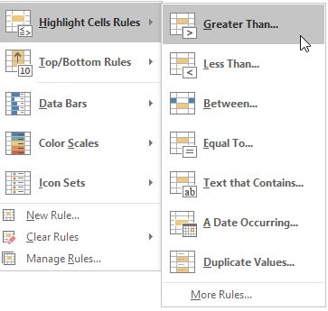 Conditional Formatting menus