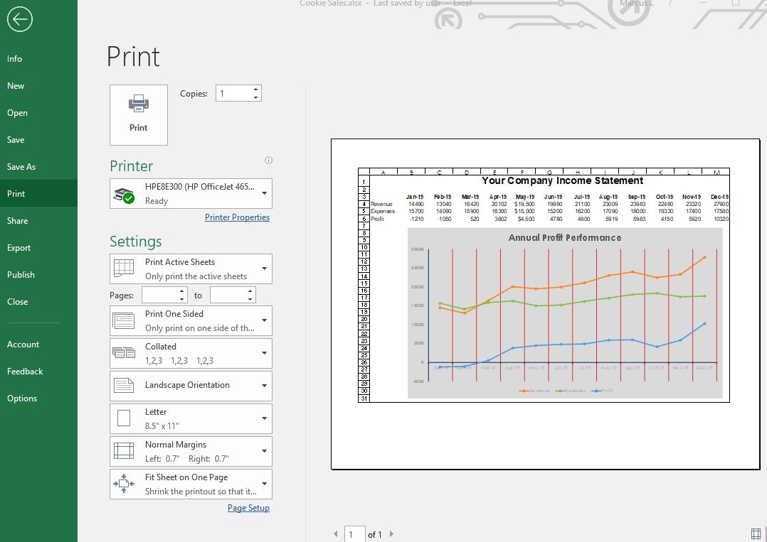 Excel Print Preview Line Chart