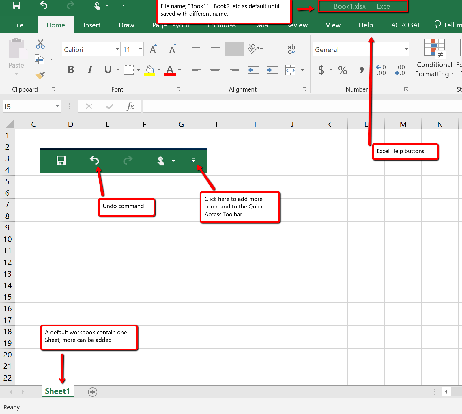 Quick access toolbar with commands Excel Help, Zoom slider, view options, and workbook tabs.