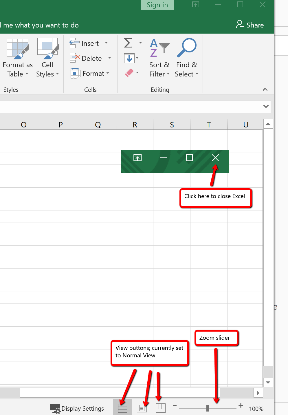 Quick access toolbar with commands Excel Help, Zoom slider, view options, and workbook tabs.