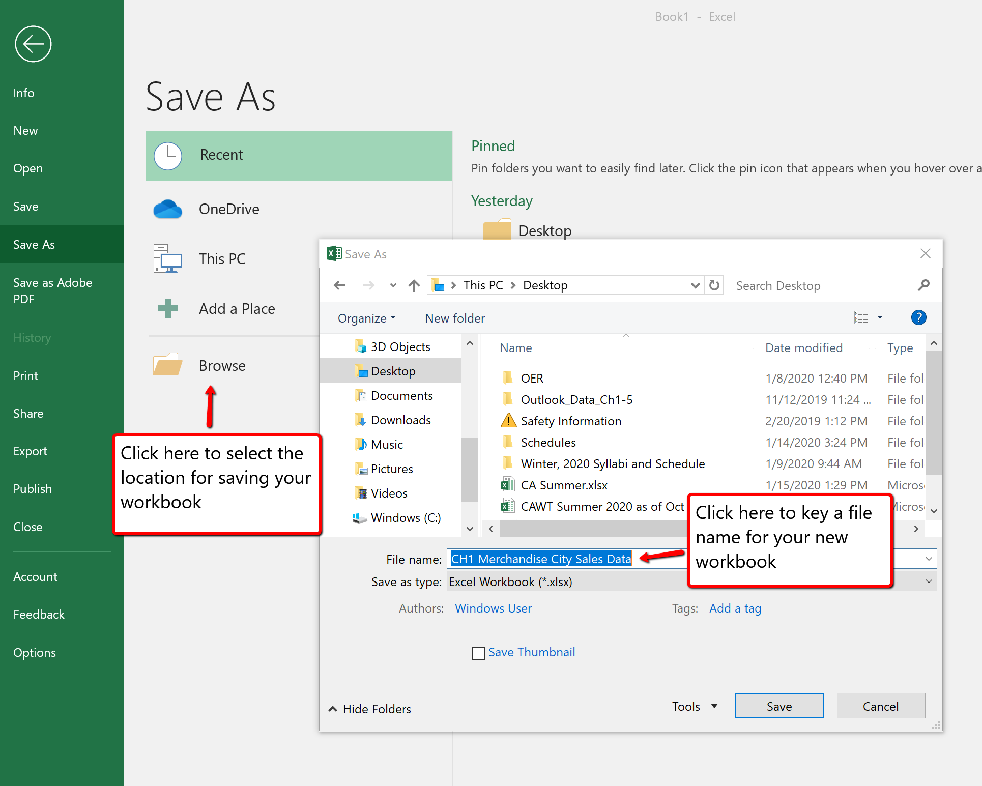 Save As dialog box for Excel 365 featuring saving and naming a workbook.