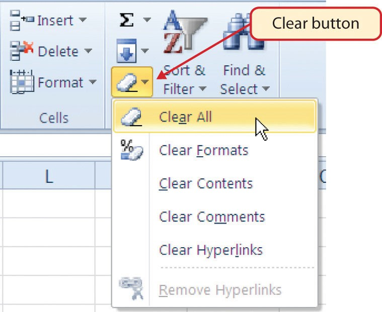 Clear button and Clear Command drop-down menu: Clear All, Formats, Contents, Comments, Hyperlinks and Remove Hyperlinks.