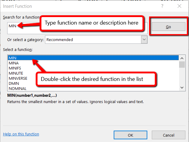Insert Function dialog box with MIN typed in the Search box, Go button highlighted, and MIN selected in the function list