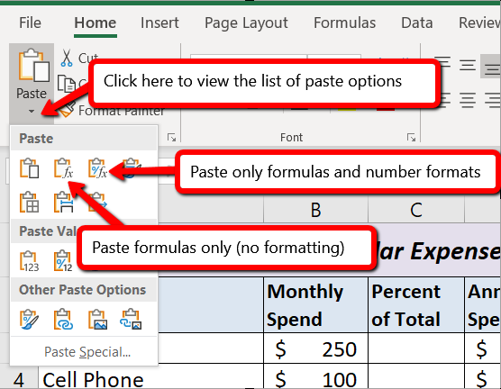 Press Ctrl + Alt + V for Paste Special menu, then F to select Functions, or R to select formulas and number functions.