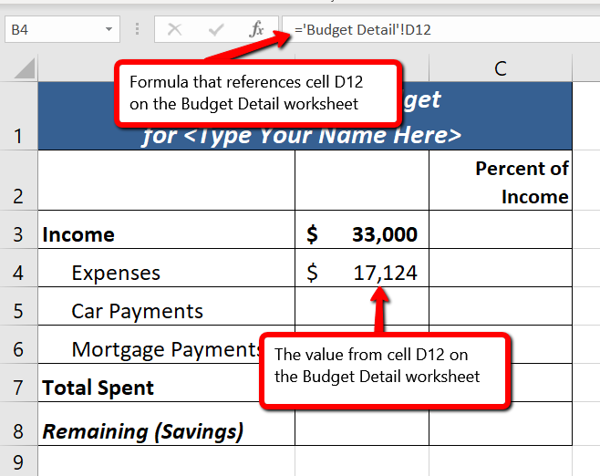 Function ='BudgetDetail'!D12 in cell C3 indicates cell reference from Budget Detail worksheet. Value $17,950 displayed in C3 is Total Annual Spend from D12 in Budget Detail worksheet.