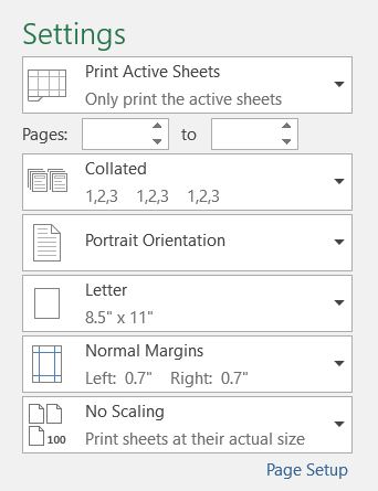 Press Ctrl + P to reach Print Preview, then tab to settings for pages to print, collation, orientation, paper size, margins, and scaling.