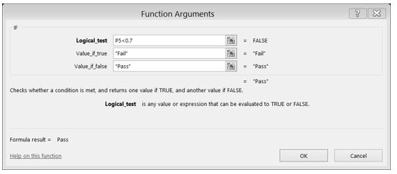 Cuadro de diálogo Función IF con fórmula para Prueba lógica: = FALSE. “Fallar” si el valor es verdadero, “Pasar” si el valor es falso.