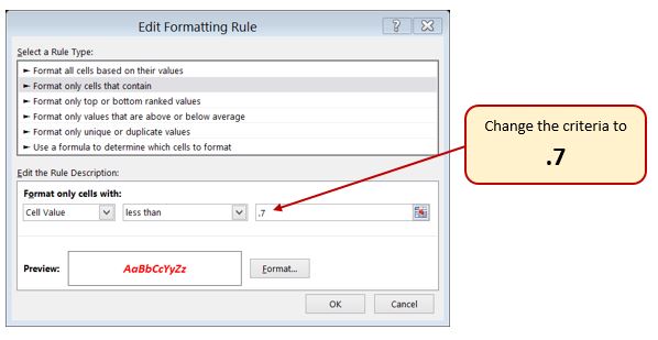 Formato condicional Editar regla de formato Cuadro de diálogo: “Formatear solo las celdas que contengan” seleccionado, y “Valor de celda” “menor que” “.7" para el cambio de criterios.