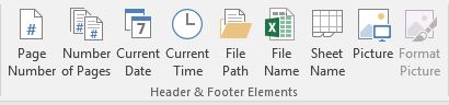Header & Footer Elements buttons: Page #, Number of pages, Current date, Current Time, File Path, File Name, Sheet Name, & Picture.