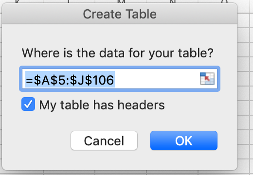 Mac Create Table Dialog Box