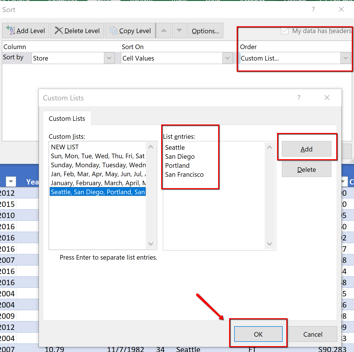 La captura de pantalla muestra el cuadro de diálogo de clasificación personalizada y lista personalizada