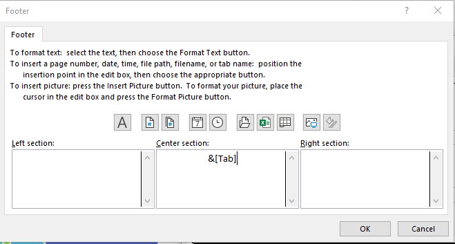 Footer dialog box shows options with 3 fields below: Left section, Center section, Right section. Center section is only one with data "&[Tab]".