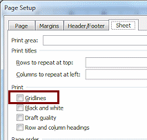 Dialog: Page Setup > Sheet tab > Gridlines (Excel 2010)