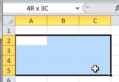 Dragging to select range A2:C5 (Excel 2010)