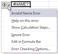 Smart tag menu for Name Error (Excel 2010)