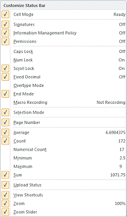 Right Click Menu: Status Bar (Excel 2010)