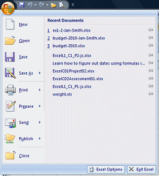 Button: Office > Recent Documents (Excel 2007)