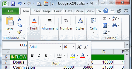 Ribbon: narrowest view (Excel 2010)