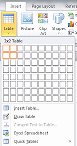 Button: Table - menu dropped (Word 2010)