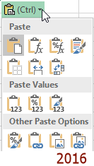 Button: Paste Options - 14 options (Excel 2016)