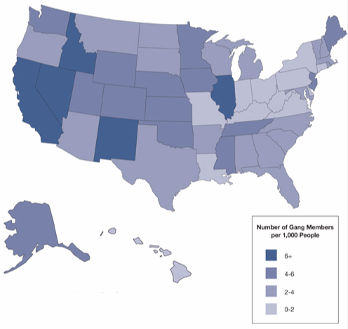 Representación gráfica de Número de pandilleros por cada 1000 personas señalada en el mapa de Estados Unidos