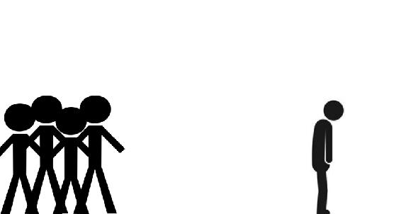 A group of stick figures on the left, one stick figure has isolated himself from the group and is lonely  in the corner