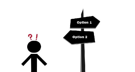 A stick figure facing a sign with multiple options confused about which one to pick. 