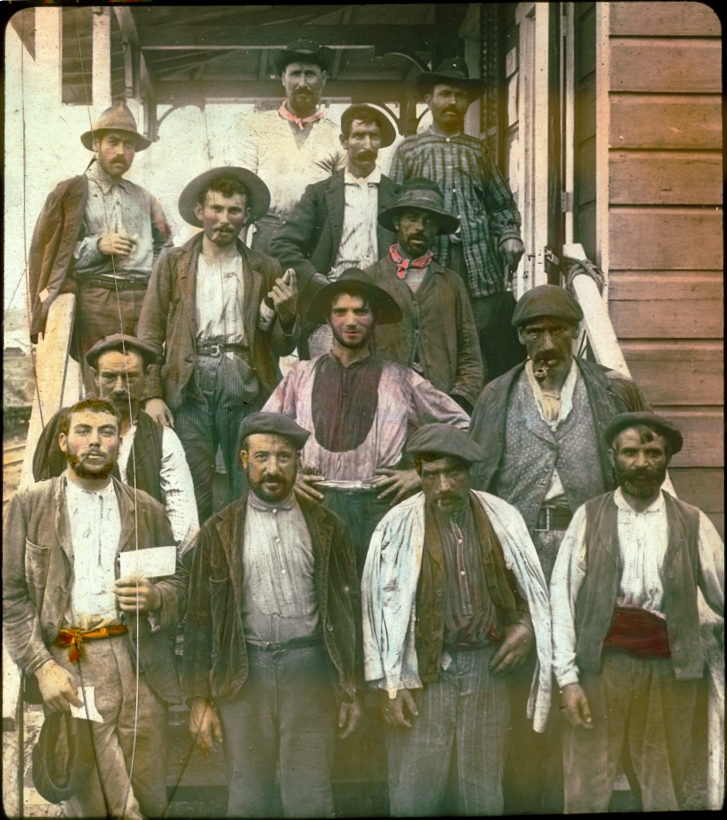 A group of Spanish laborers on Panama Canal in early 1900s various ages